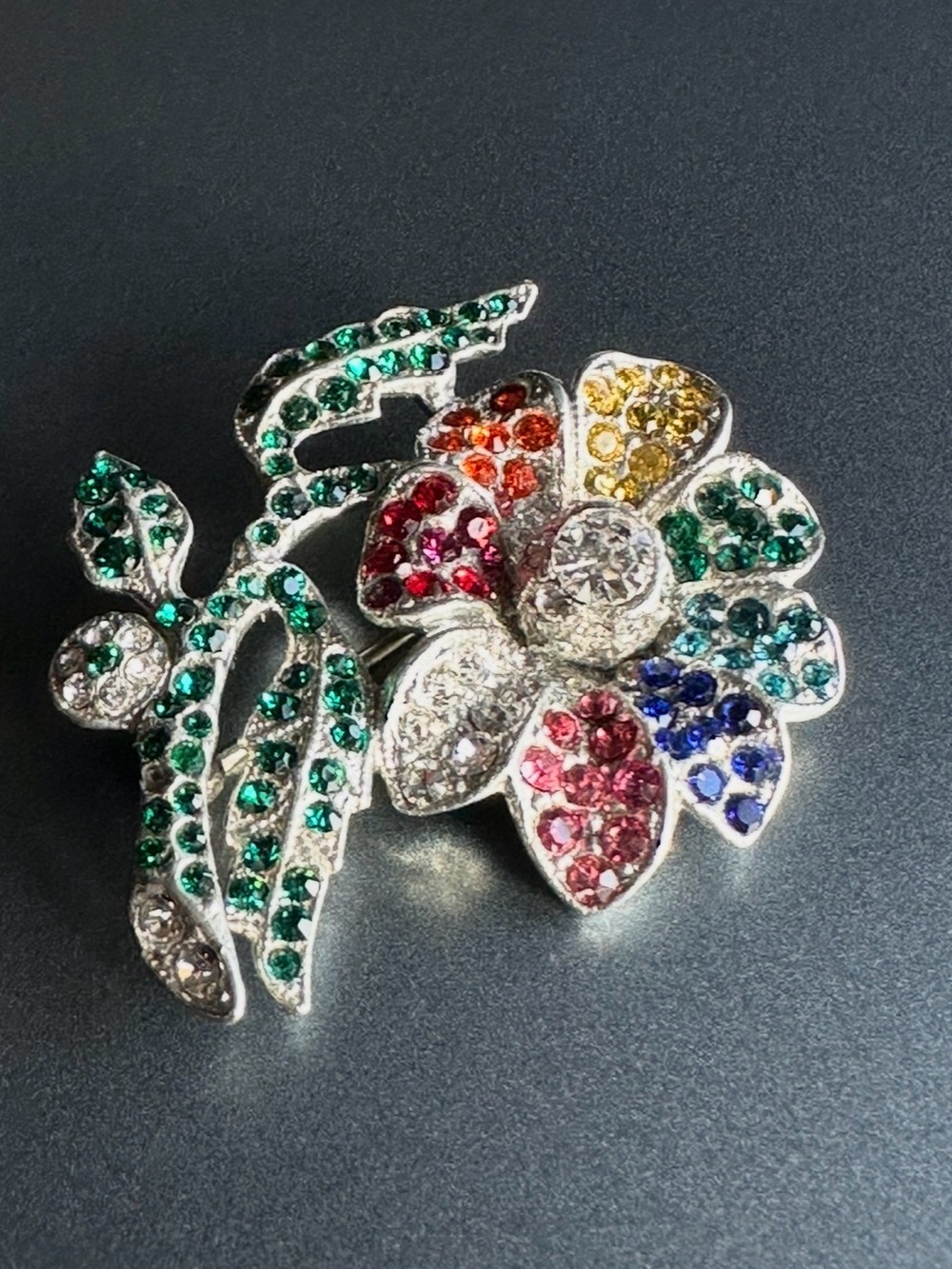VTG 1940s Rainbow Rhinestone Pot Metal Flower Brooch - Restored